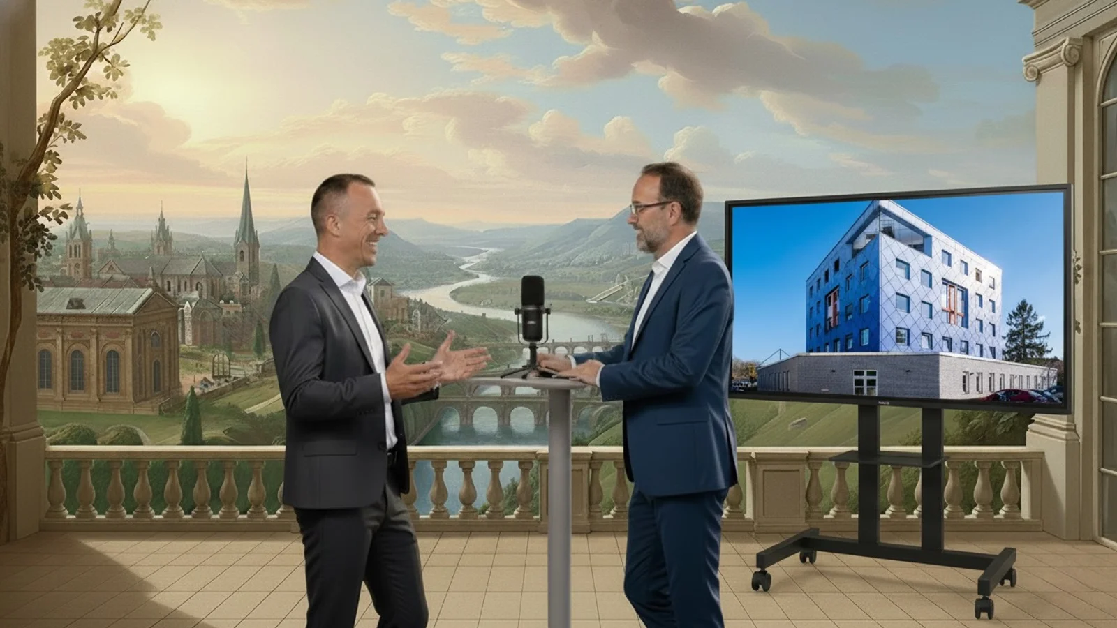 Zwei Geschäftsleute diskutieren Immobilienprojekte vor einer historischen Panoramakulisse und einem Bildschirm mit Gebäudeansicht.