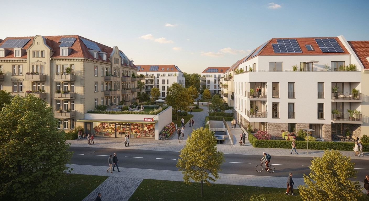 Ein modernes, nachhaltiges Wohnquartier mit Solarenergie und urbanem Leben – Symbol für Immobilienentwicklung und Zukunft des Wohnens.