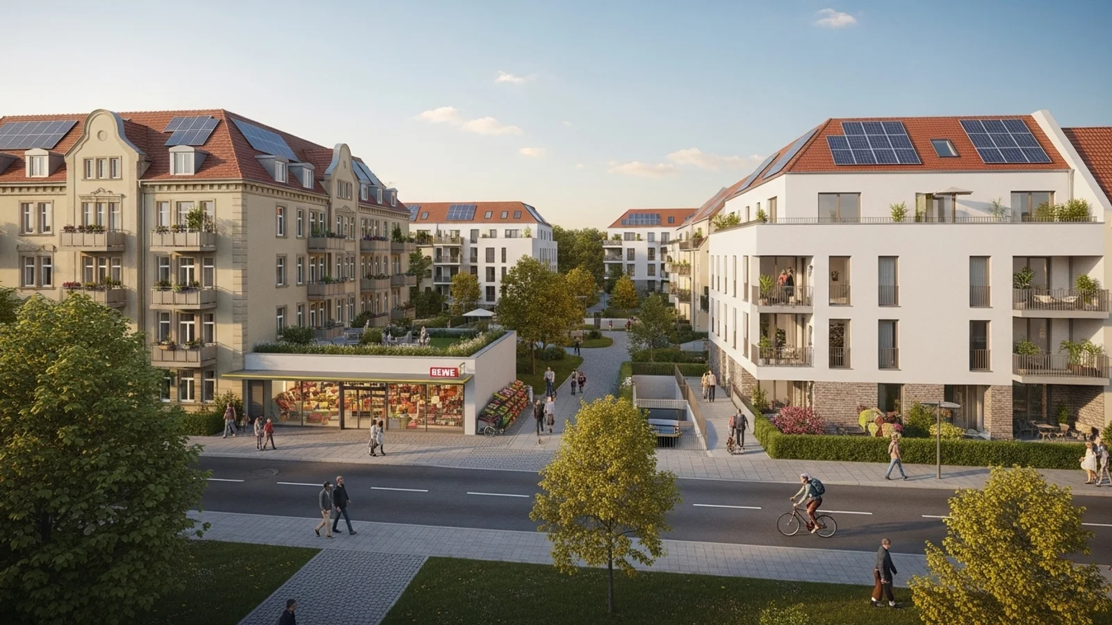 Ein modernes, nachhaltiges Wohnquartier mit Solarenergie und urbanem Leben – Symbol für Immobilienentwicklung und Zukunft des Wohnens.