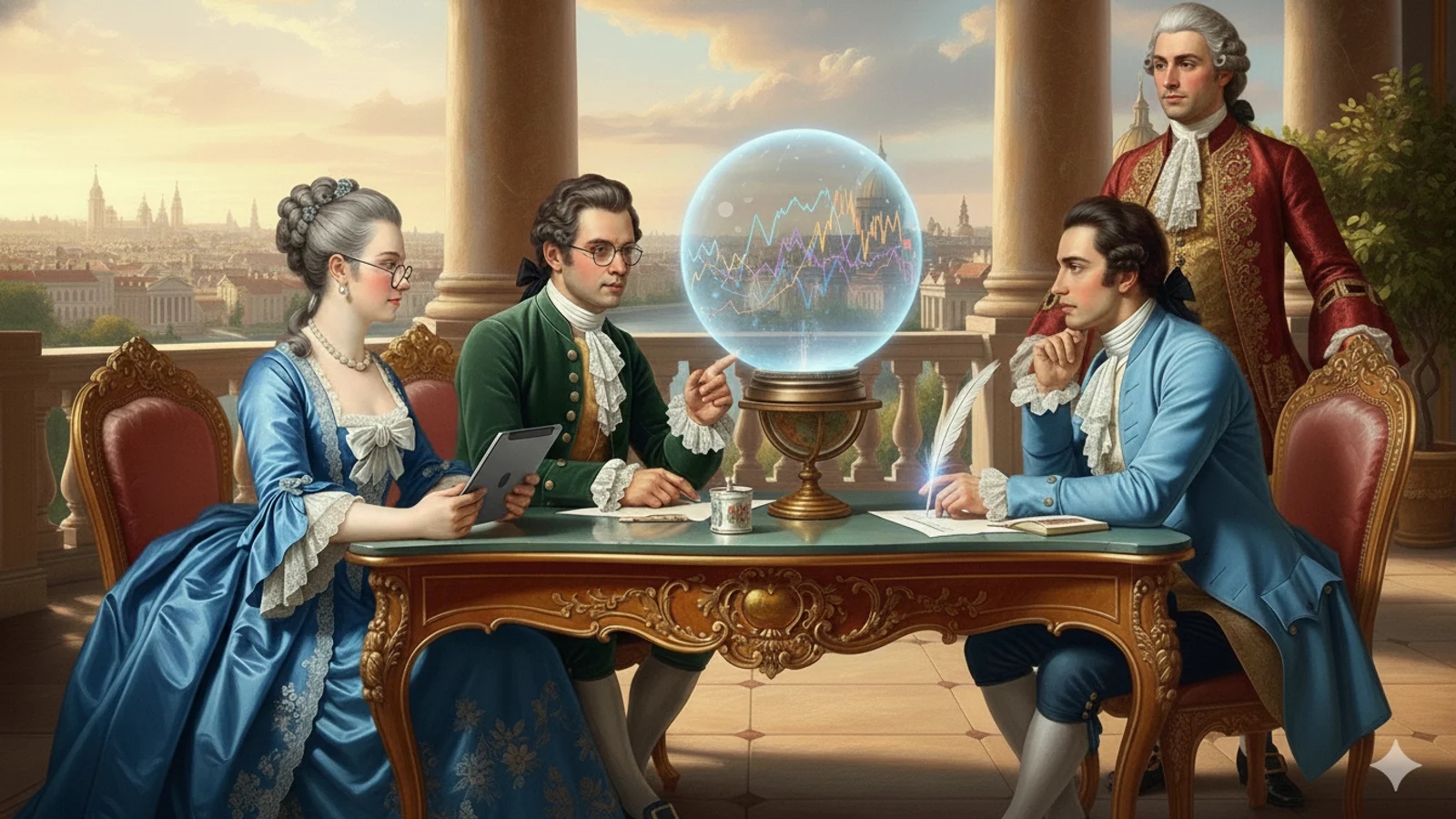 Adlige im Rokoko diskutieren Finanztrends und Marktdaten um eine schwebende, leuchtende Kugel mit Charts, Trading.
