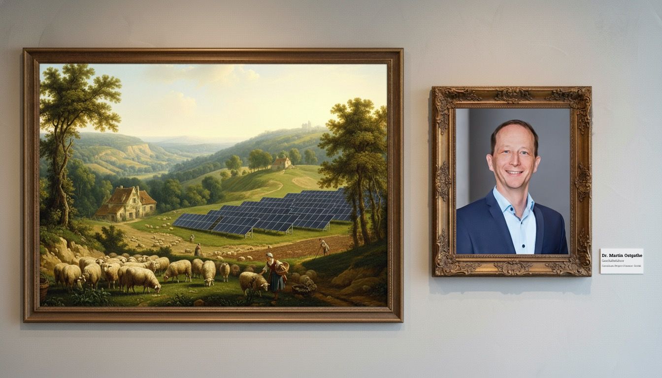 Gemälde mit Solaranlage und Schafen neben Porträt von Dr. Martin Ostgathe, Geschäftsführer Consilium Project Finance GmbH.