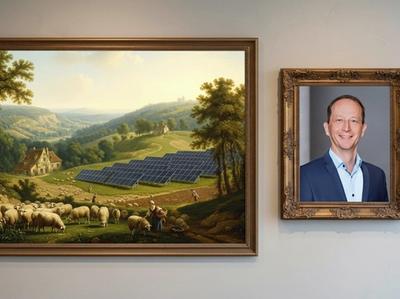 Gemälde mit Solaranlage und Schafen neben Porträt von Dr. Martin Ostgathe, Geschäftsführer Consilium Project Finance GmbH.