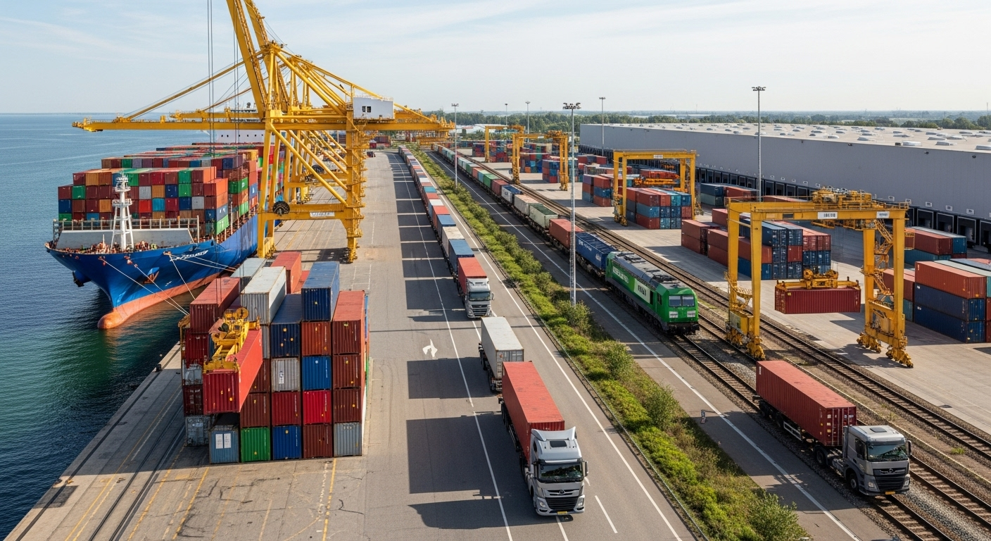 Ein moderner Containerhafen mit Schiff, Bahn und Lkw – Sinnbild für globale Logistik und effiziente Lieferketten.