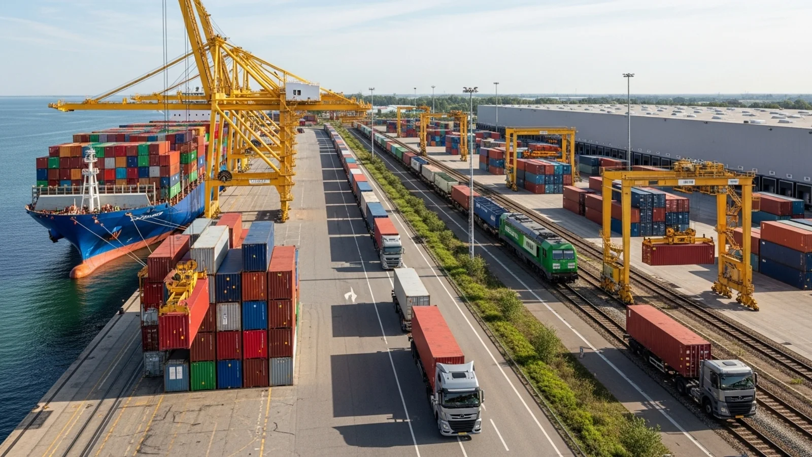 Ein moderner Containerhafen mit Schiff, Bahn und Lkw – Sinnbild für globale Logistik und effiziente Lieferketten.