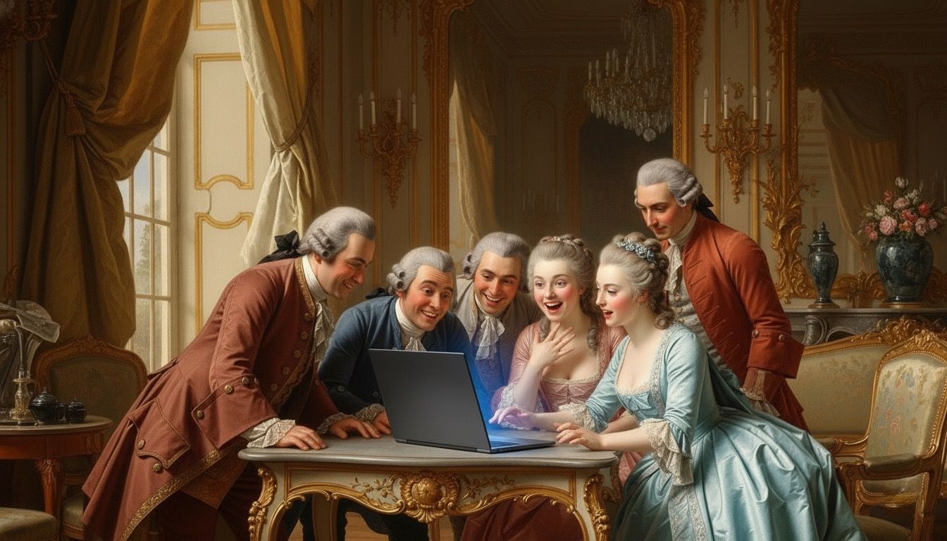 Rokoko-Gesellschaft staunt begeistert über einen Laptop; Website Re-Launch und Internet-Präsenz.