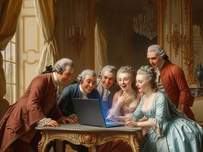 Rokoko-Gesellschaft staunt begeistert über einen Laptop; Website Re-Launch und Internet-Präsenz.