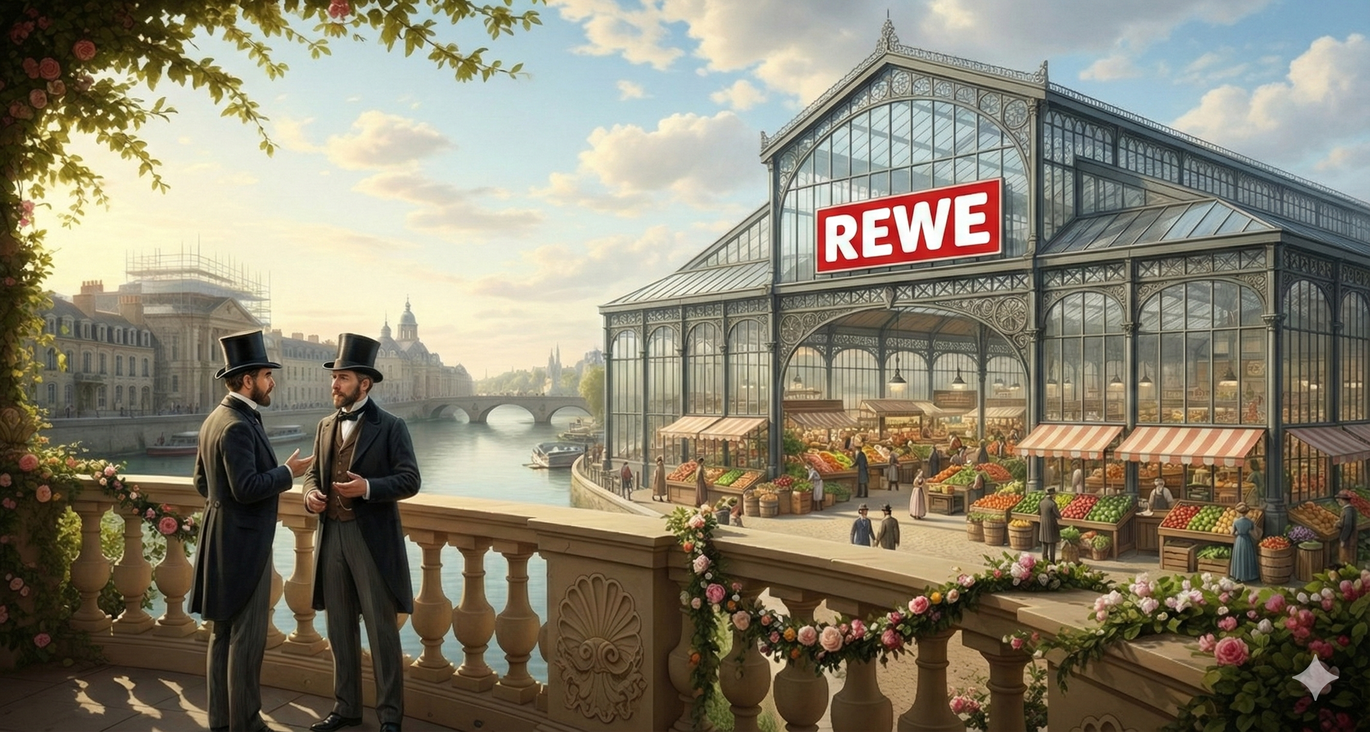 Historisch anmutende Stadtansicht zwei Herren im Gespräch vor einem modernen REWE-Supermarkt