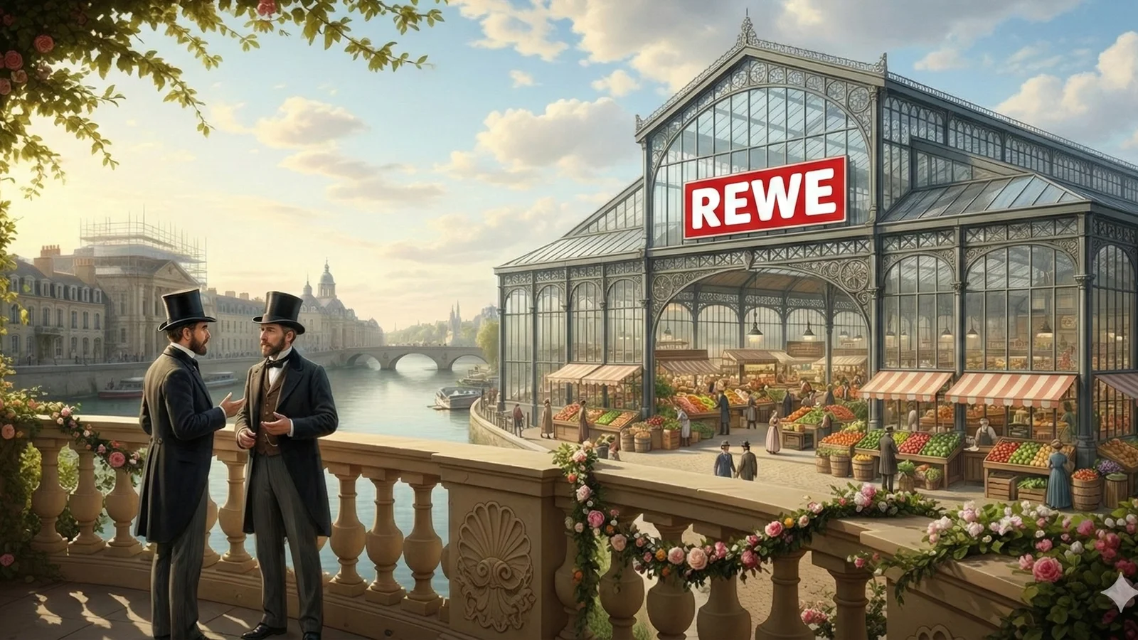 Historisch anmutende Stadtansicht zwei Herren im Gespräch vor einem modernen REWE-Supermarkt