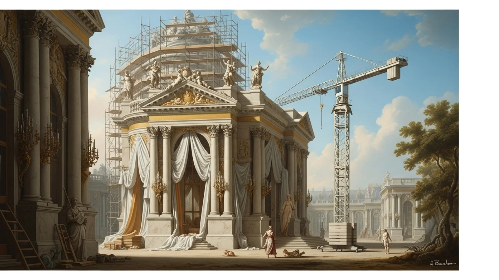 Barockes Gemälde zeigt prächtiges Gebäude mit Baugerüst und Kran – Sinnbild für Projektentwicklung, Architektur und Fortschritt.