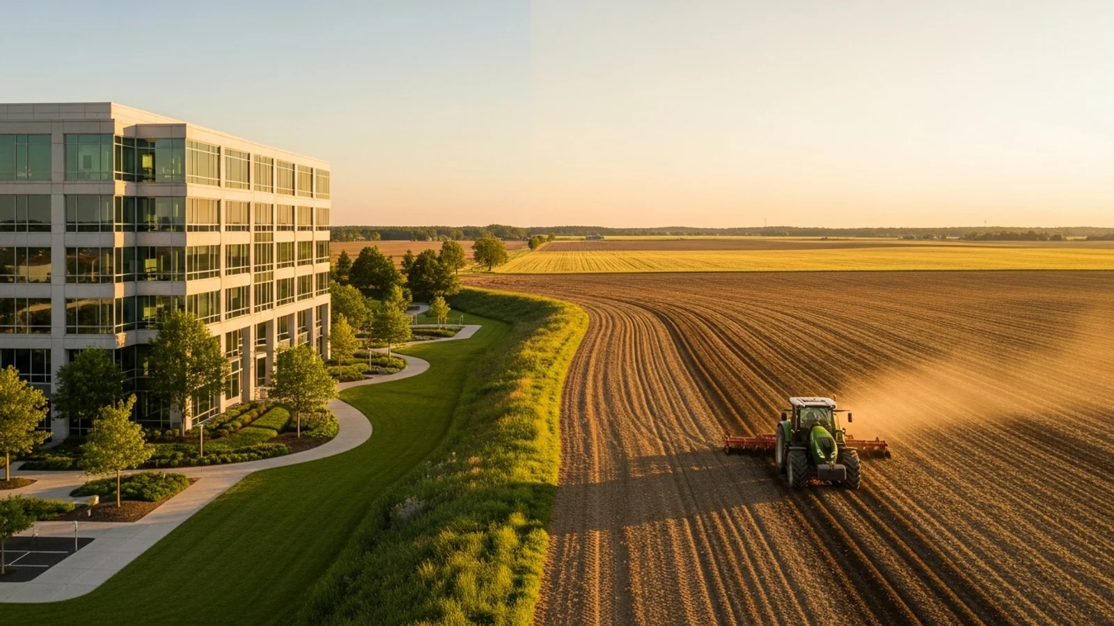 Modernes Bürogebäude neben Ackerfläche mit Traktor – Symbol für Agrarinvestments oder Agrartechnik.