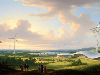 Romantisches Landschaftsgemälde mit Windrädern und modernem Energiegebäude – Symbol für Energiewende, Innovation und Investitionen.