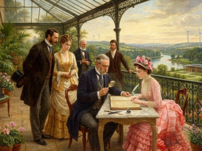 Herrschaftliche Gesellschaft auf einer historischen Terrasse mit Blick in eine Landschaft