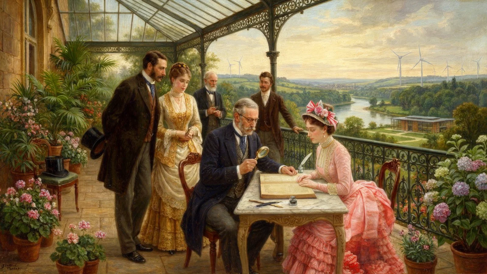 Herrschaftliche Gesellschaft auf einer historischen Terrasse mit Blick in eine Landschaft