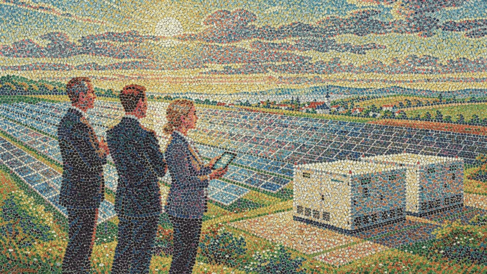 Zwei Geschäftsmänner und eine Geschäftsfrau begutachten einen Solarpark mit Energiespeicher
