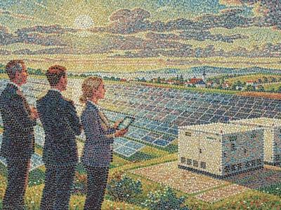 Zwei Geschäftsmänner und eine Geschäftsfrau begutachten einen Solarpark mit Energiespeicher