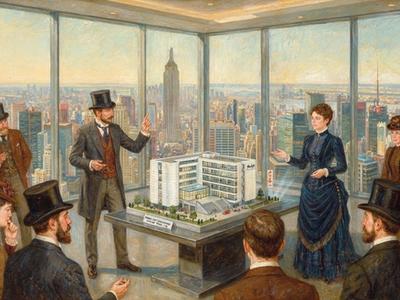 Ein Unternehmer und eine Unternehmerin präsentieren einem Investorenpublikum ein Immobilienmodell