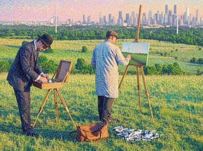 Zwei Maler vor einer Landschaft mit Windkraftanlagen und einer Skyline im Hintergrund