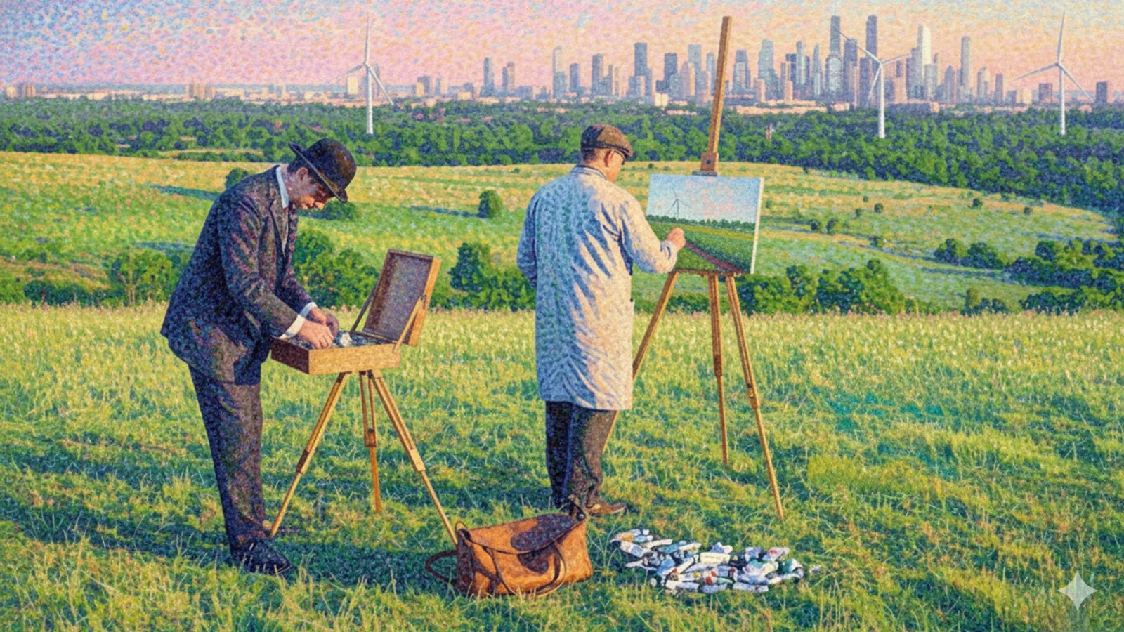 Zwei Maler vor einer Landschaft mit Windkraftanlagen und einer Skyline im Hintergrund