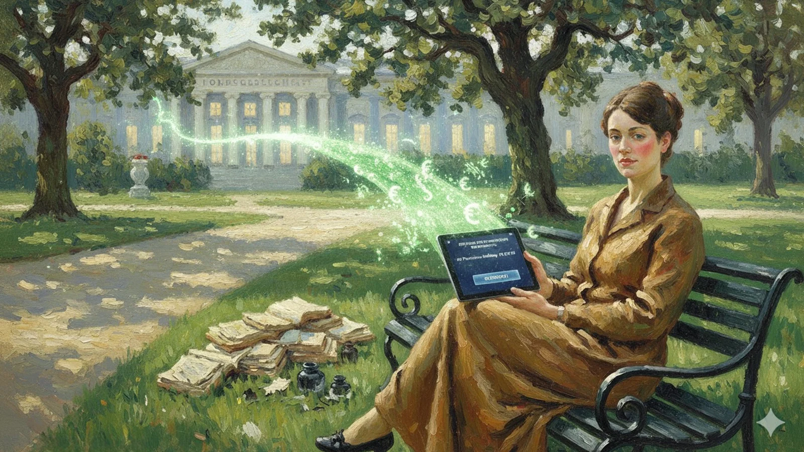 Frau mit Tablet auf einer Bank im Park vor einem historischen Gebäude