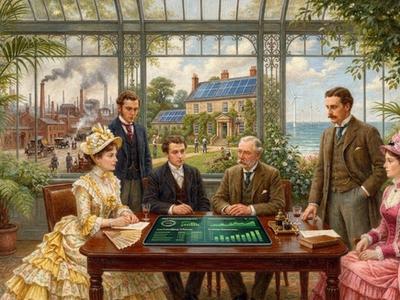 Damen und Herren sind in einem historischen Wintergarten für eine Besprechung zusammengekommen