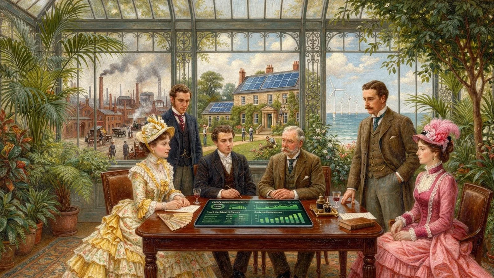 Damen und Herren sind in einem historischen Wintergarten für eine Besprechung zusammengekommen