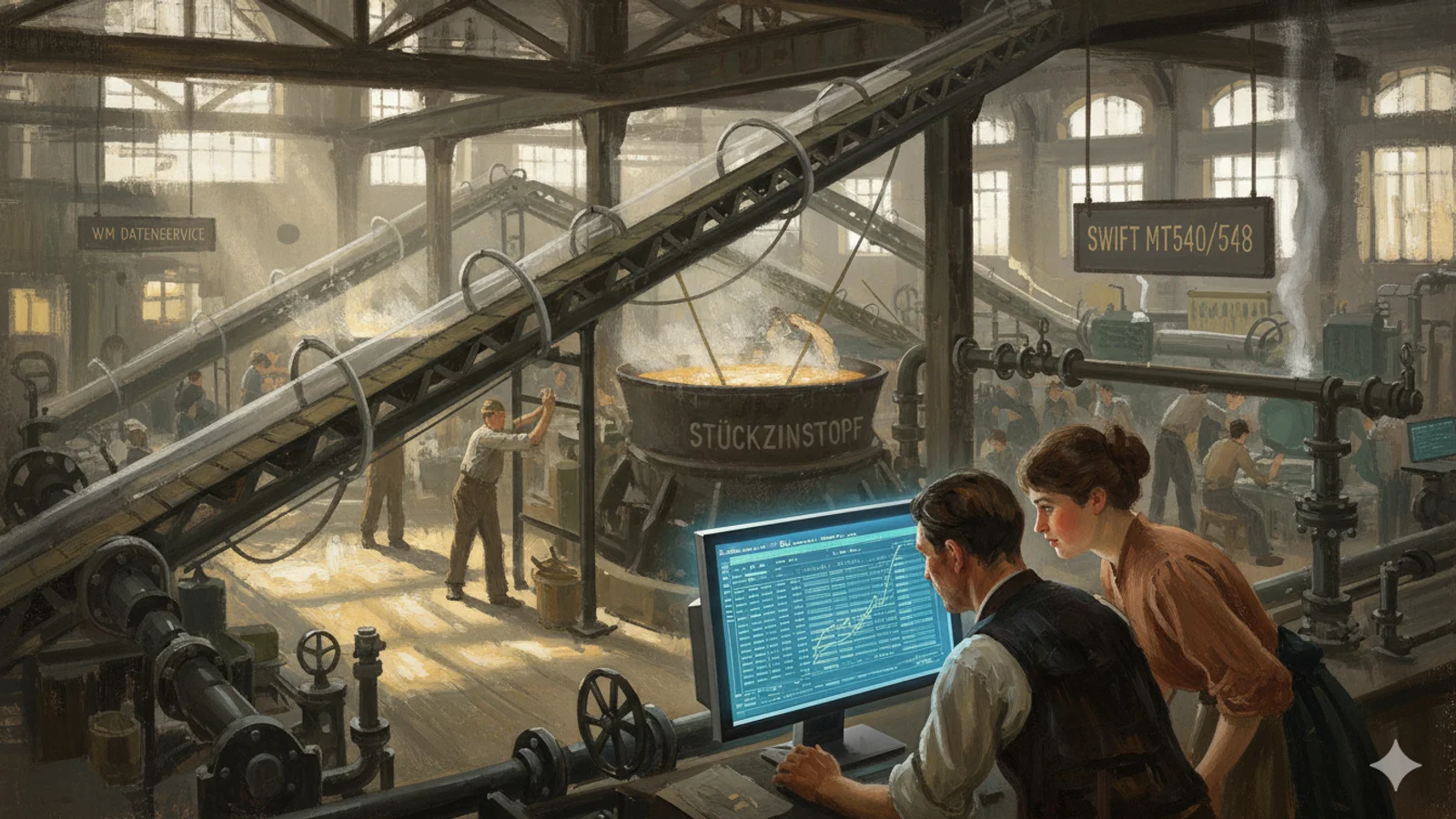 Unternehmer und Unternehmerin in einem Fabrikgebäude mit Blick auf einen Überwachungsmonitor