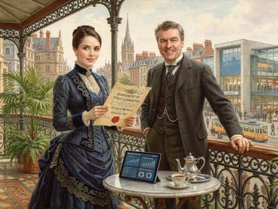 Unternehmerin und Unternehmer auf einem historischen Balkon. Im Hintergrund eine belebte Einkaufsstraße
