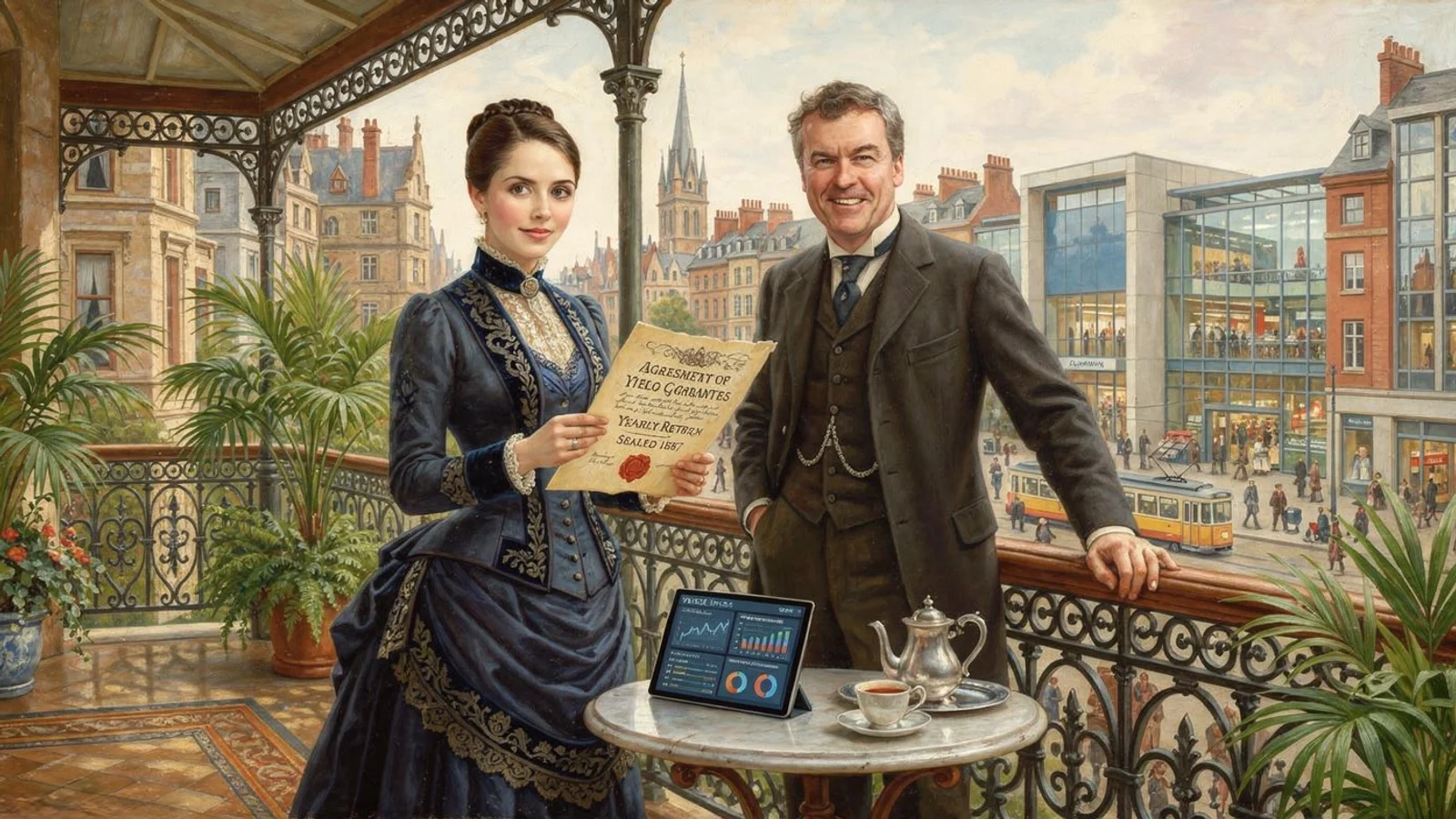 Unternehmerin und Unternehmer auf einem historischen Balkon. Im Hintergrund eine belebte Einkaufsstraße