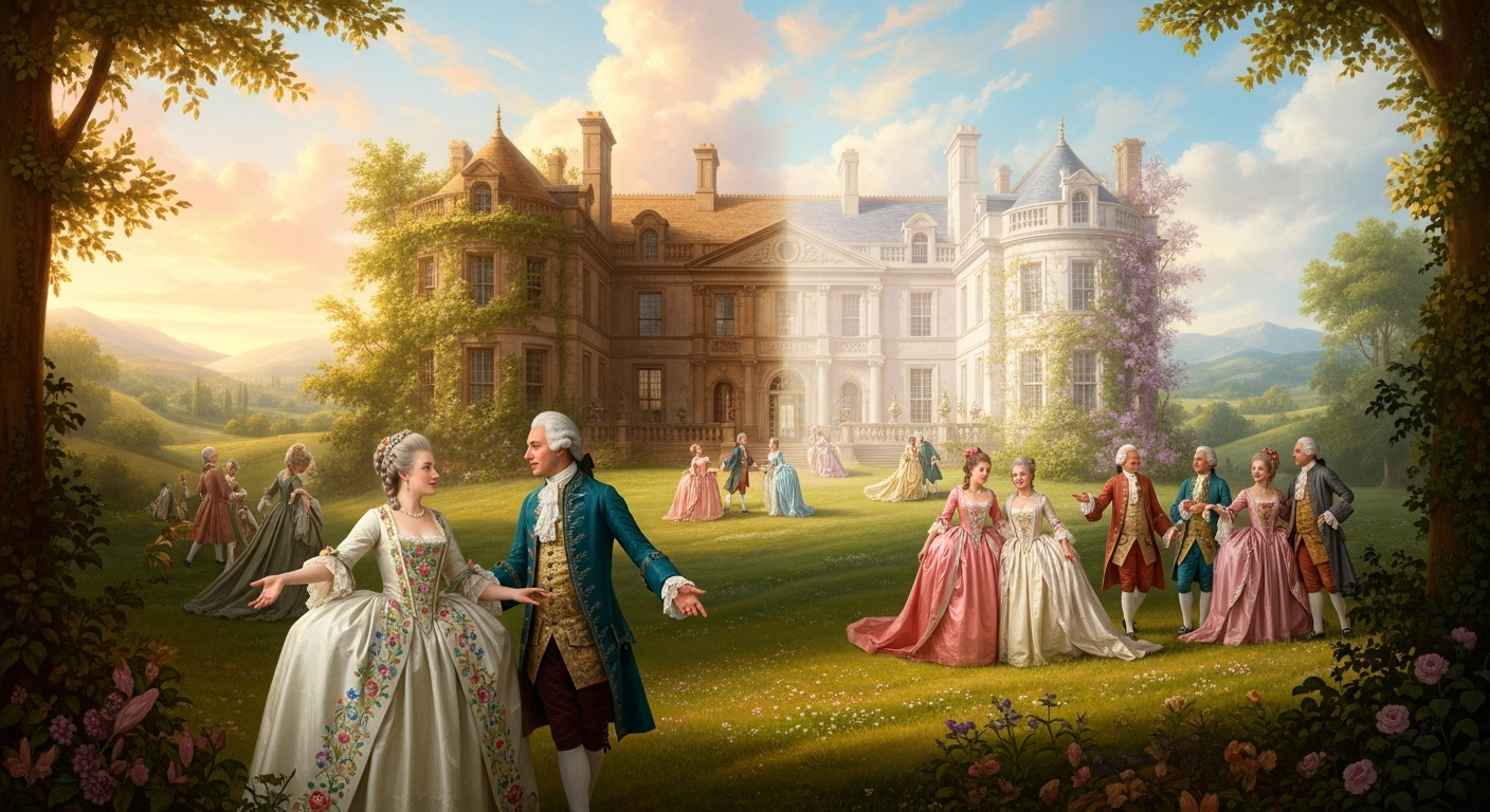 Elegantes Gemälde zeigt Adelige vor einem Herrenhaus in sonniger Landschaft – Symbol für Wohnimmobilien, Bestandsobjekte und Wertsteigerung.