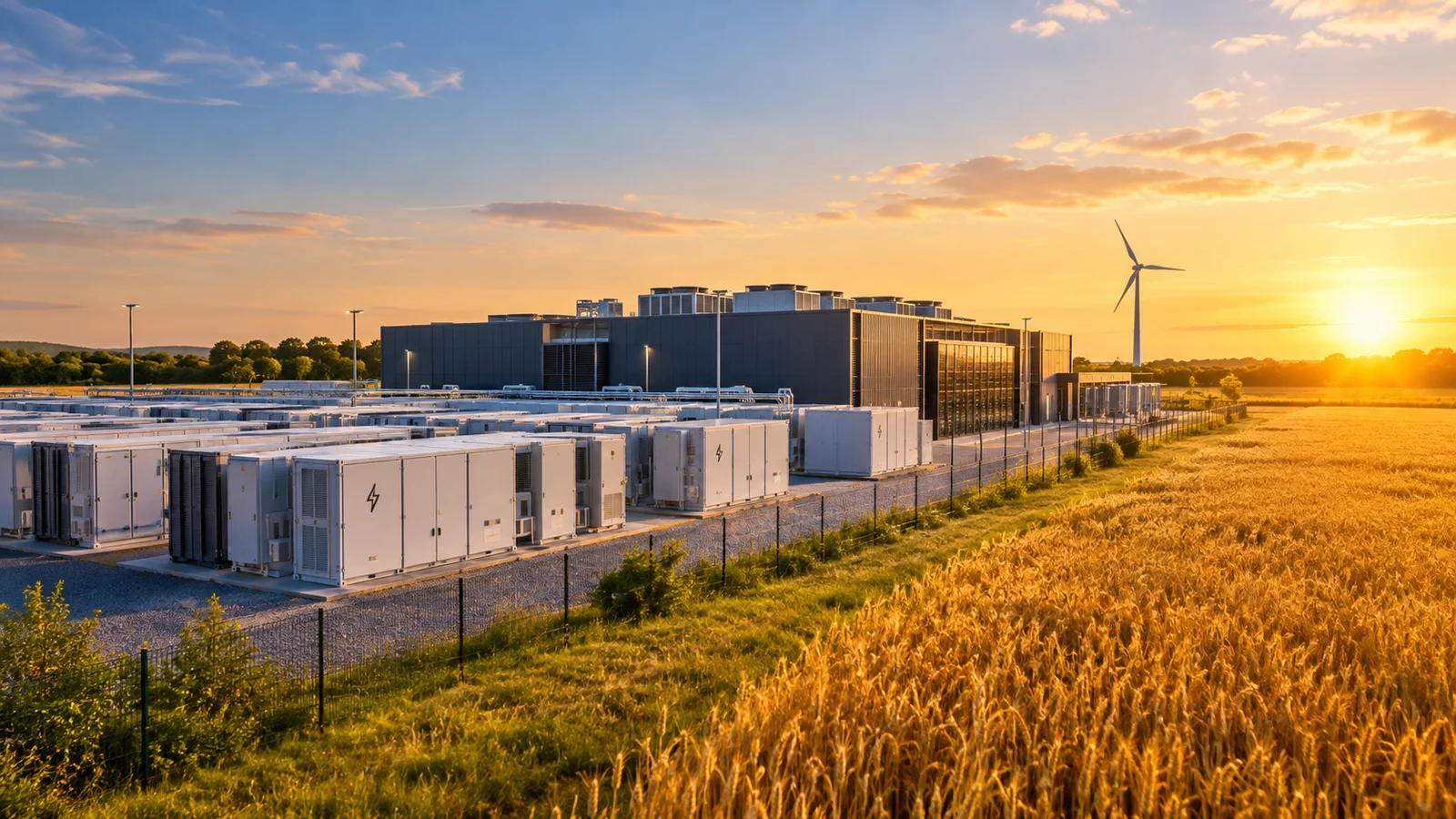 Energiespeicheranlage mit Rechenzentrum und Windrad an einem Kornfeld in der Abendsonne