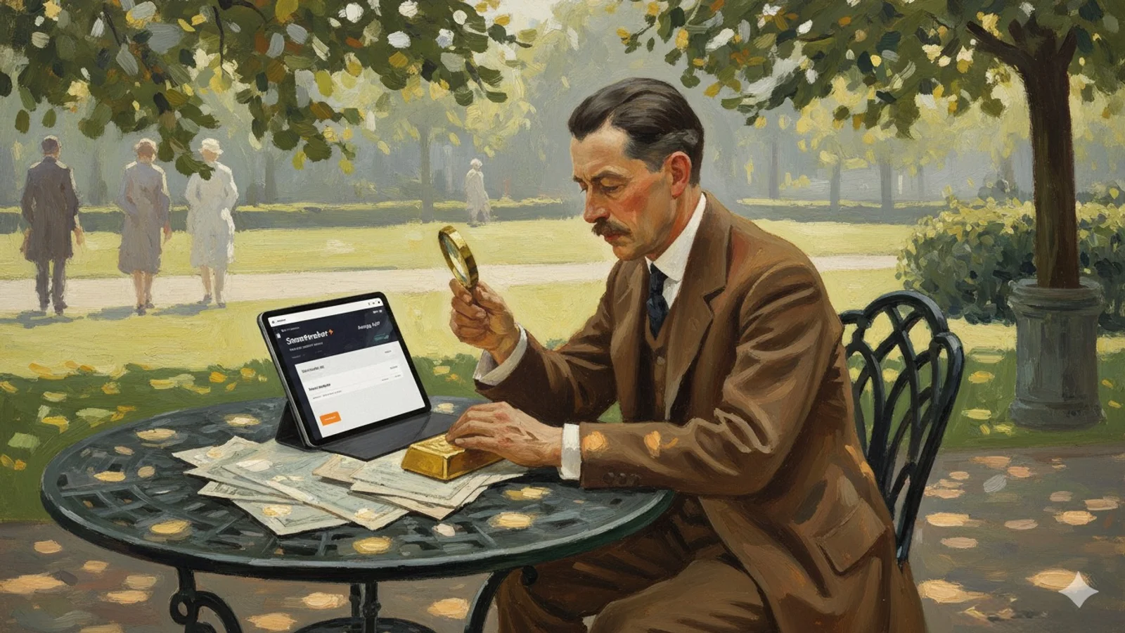 Mann im Park betrachtet Goldbarren