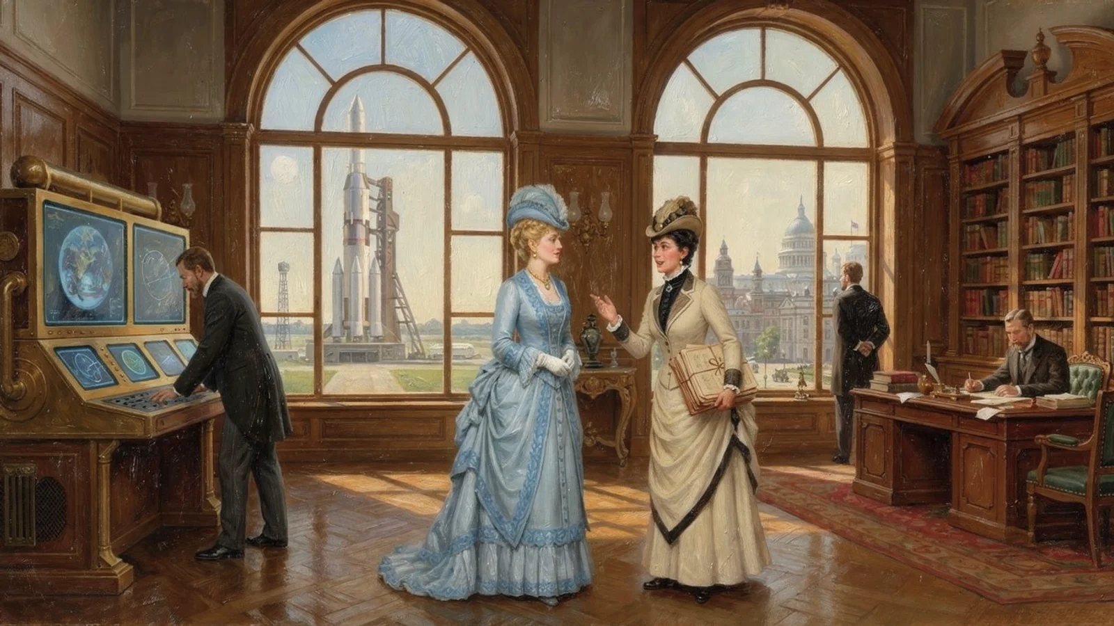 Zwei Damen in historischen Gewändern besprechen sich. Männer in Anzügen im Hintergrund