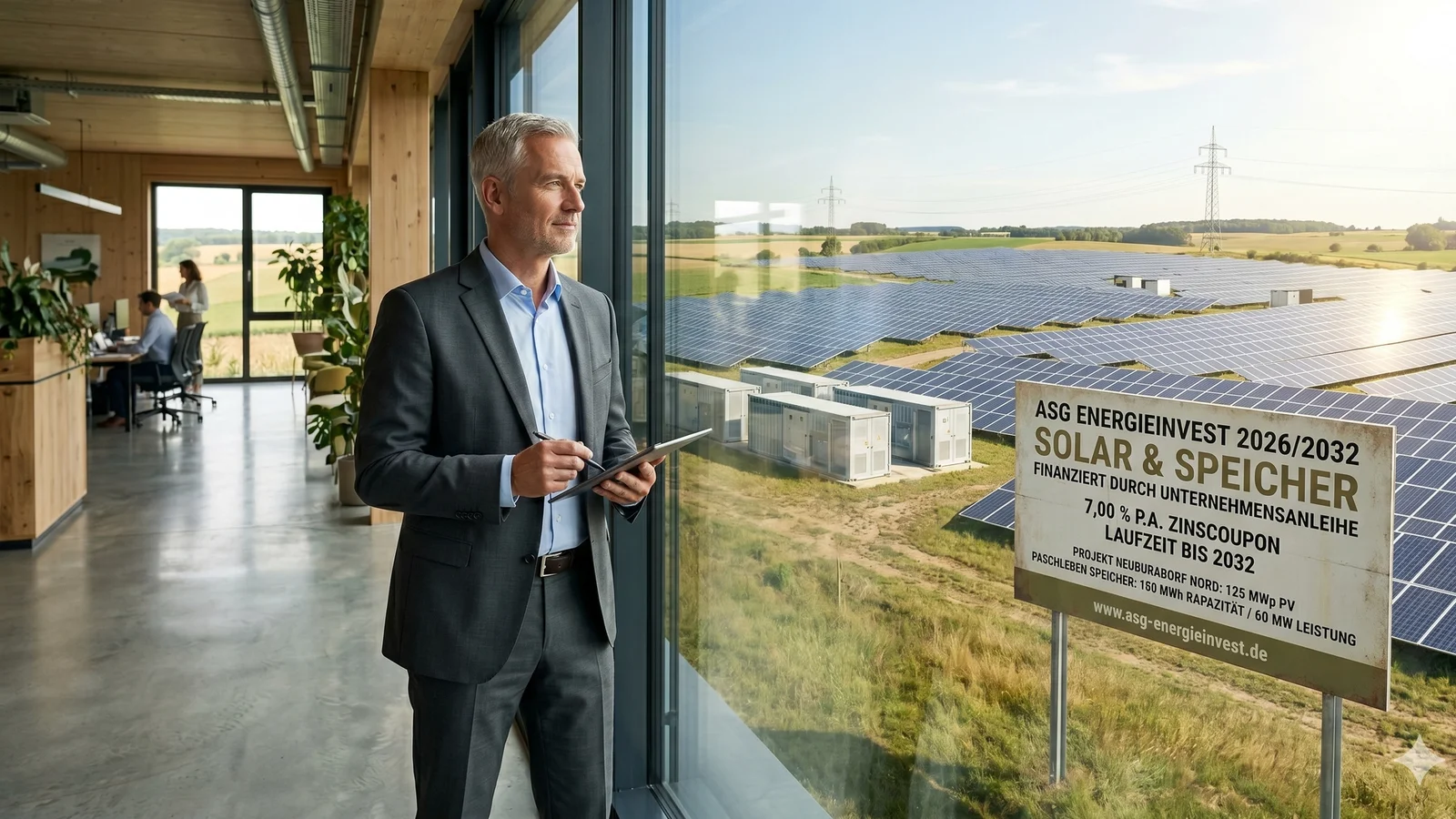 Mann mit Notizblock blickt aus Bürogebäude auf Freiland Solar-Anlage mit Energiespeichern