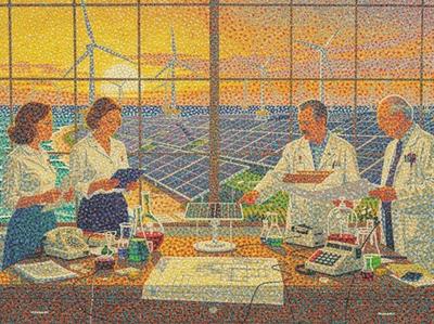 Wissenschaftler diskutieren vor einem Panorama von Solar- und Windenergieanlagen