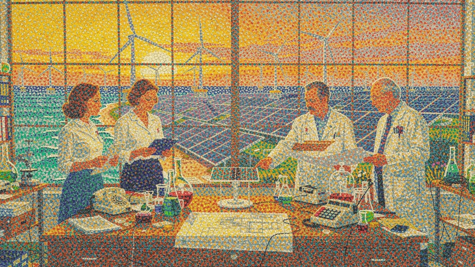 Wissenschaftler diskutieren vor einem Panorama von Solar- und Windenergieanlagen