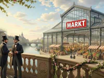 Historisch anmutende Stadtansicht zwei Herren im Gespräch vor einem modernen Supermarkt wie REWE