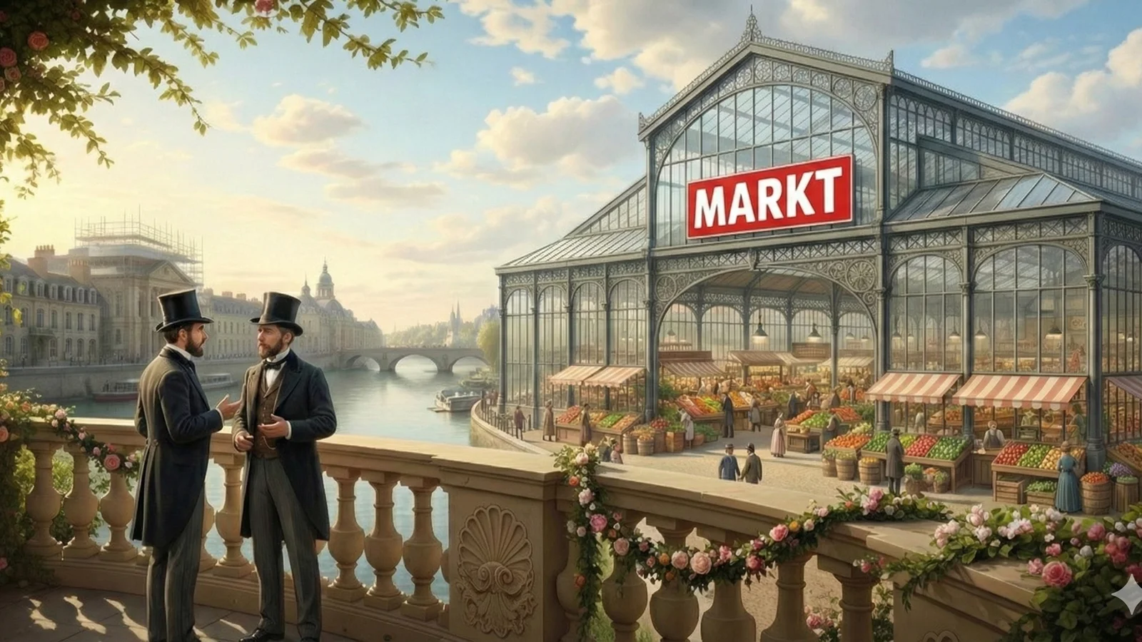 Historisch anmutende Stadtansicht zwei Herren im Gespräch vor einem modernen Supermarkt wie REWE