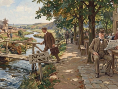 Mann überquert eine Brücke von einem gutbürgerlichen Restaurant zu einer Baustelle