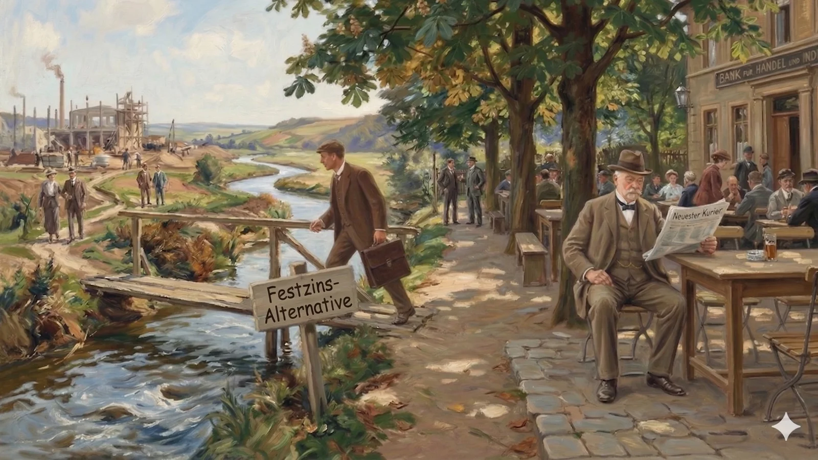 Mann überquert eine Brücke von einem gutbürgerlichen Restaurant zu einer Baustelle