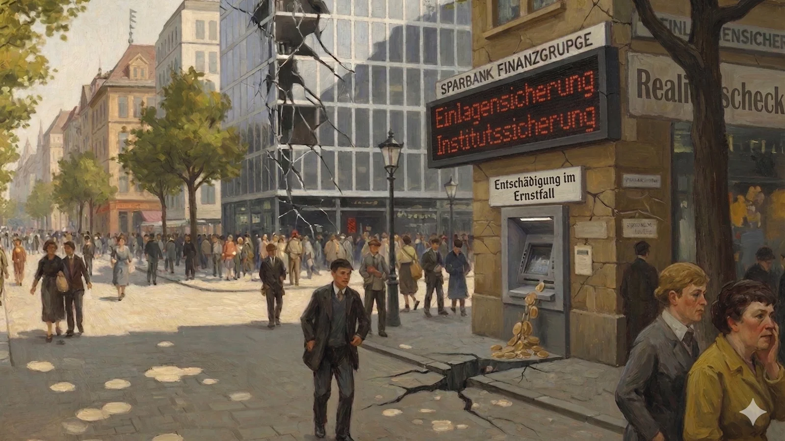 Blick auf einen Notfall-Geldautomaten in einer belebten Einkaufsstraße