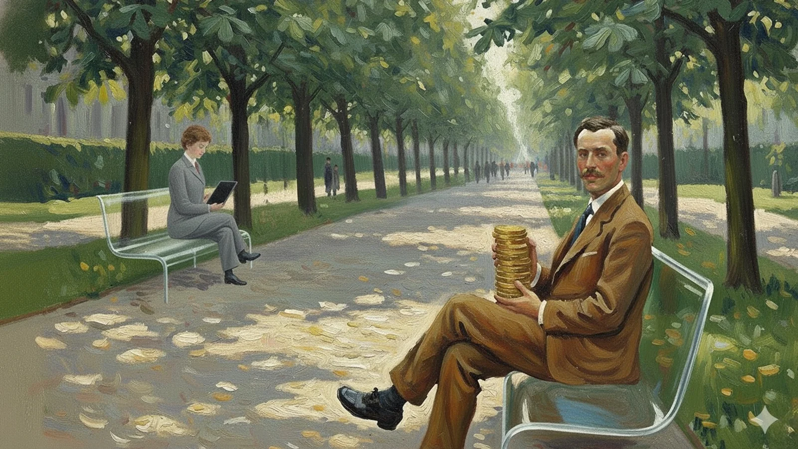 Cashback bei Anleihen: Mann mit Goldmünzen-Stapel; steuerliche Anschaffungskosten-Minderung nach EStG.