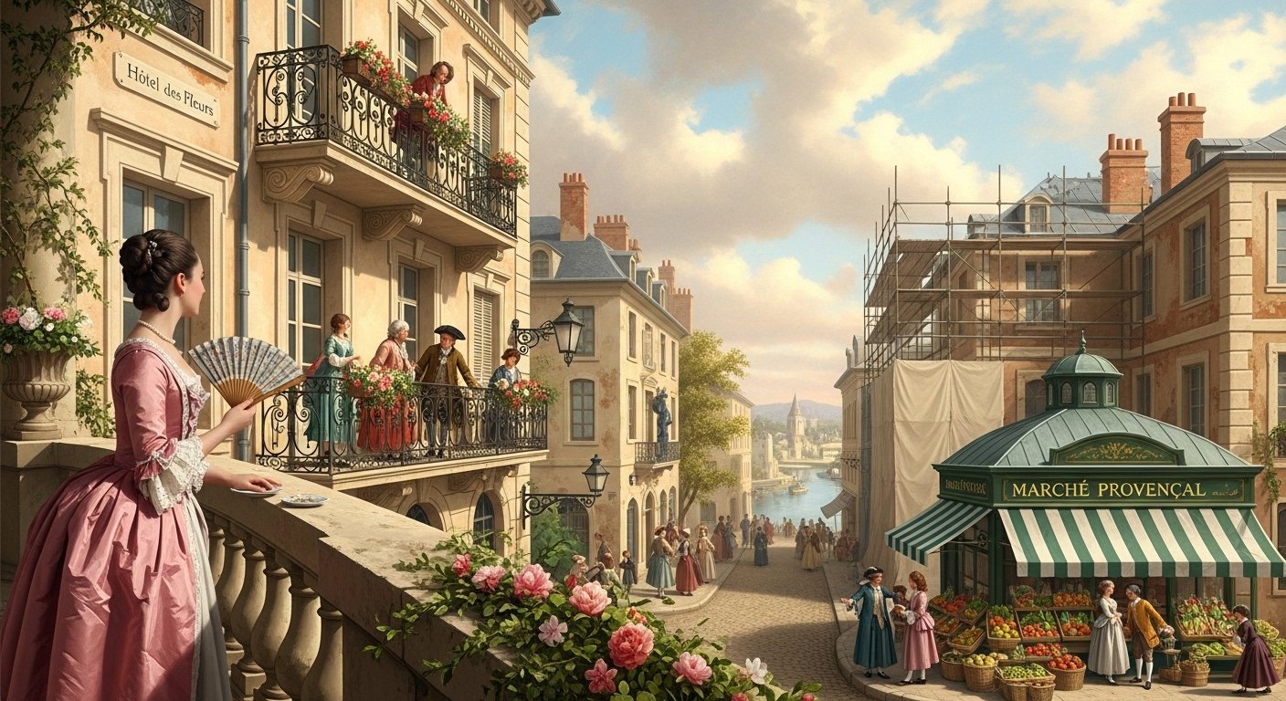 Historisches Gemälde zeigt belebte Stadtstraße mit Marktständen und eleganten Menschen – Symbol für Immobilienmarkt und Aufschwung.