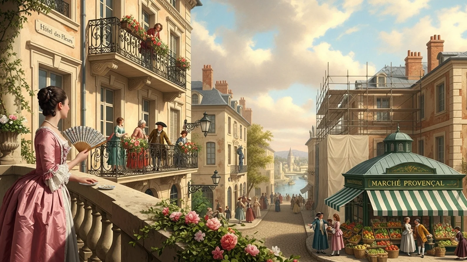 Historisches Gemälde zeigt belebte Stadtstraße mit Marktständen und eleganten Menschen – Symbol für Immobilienmarkt und Aufschwung.