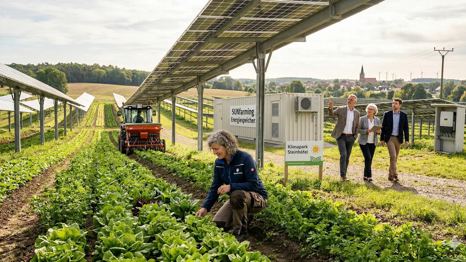 Landwirtin prüft Erntereife auf bewirtschafteter Agri-Solar-Fläche. Investoren besichtigen die Anlage.