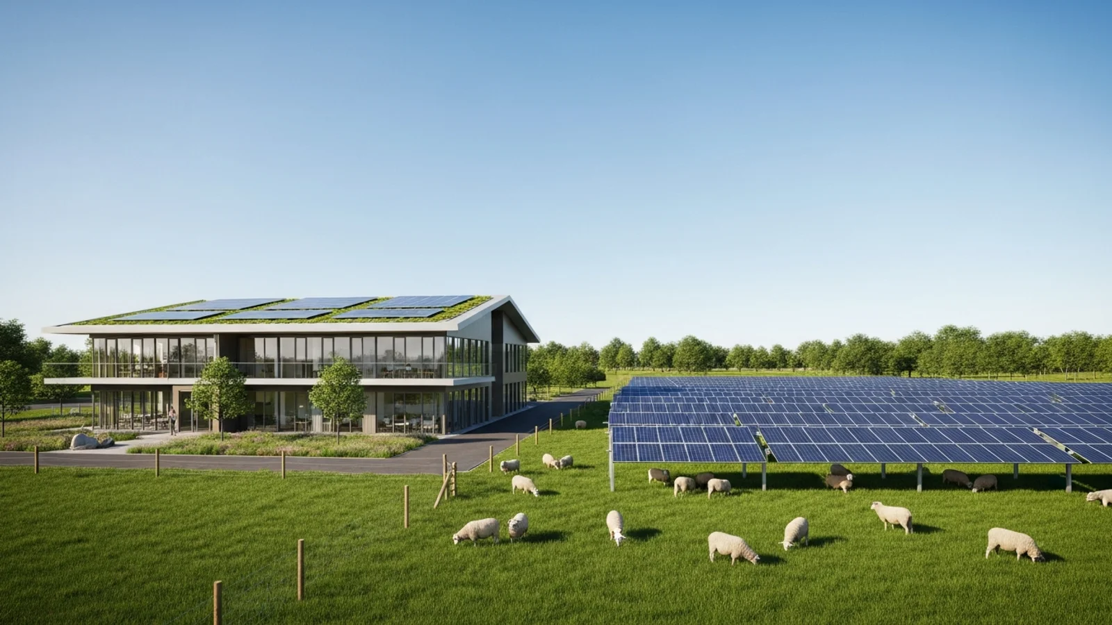 Solmotion Anleihe: Modernes Gebäude mit gewerblicher Aufdachanlage & Agri-Solar-Park mit weidenden Schafen.