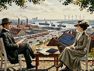 Investoren-Paar im Liebermann-Stil vor moderner Industriekulisse; Symbol für den unternehmerischen Investor & Kapital.