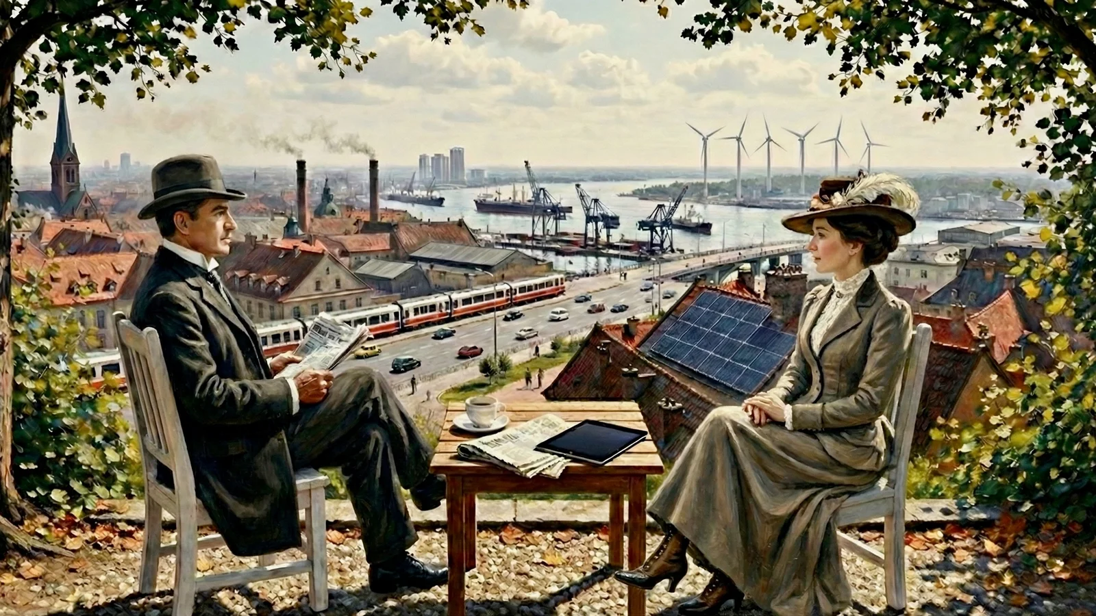 Investoren-Paar im Liebermann-Stil vor moderner Industriekulisse; Symbol für den unternehmerischen Investor & Kapital.