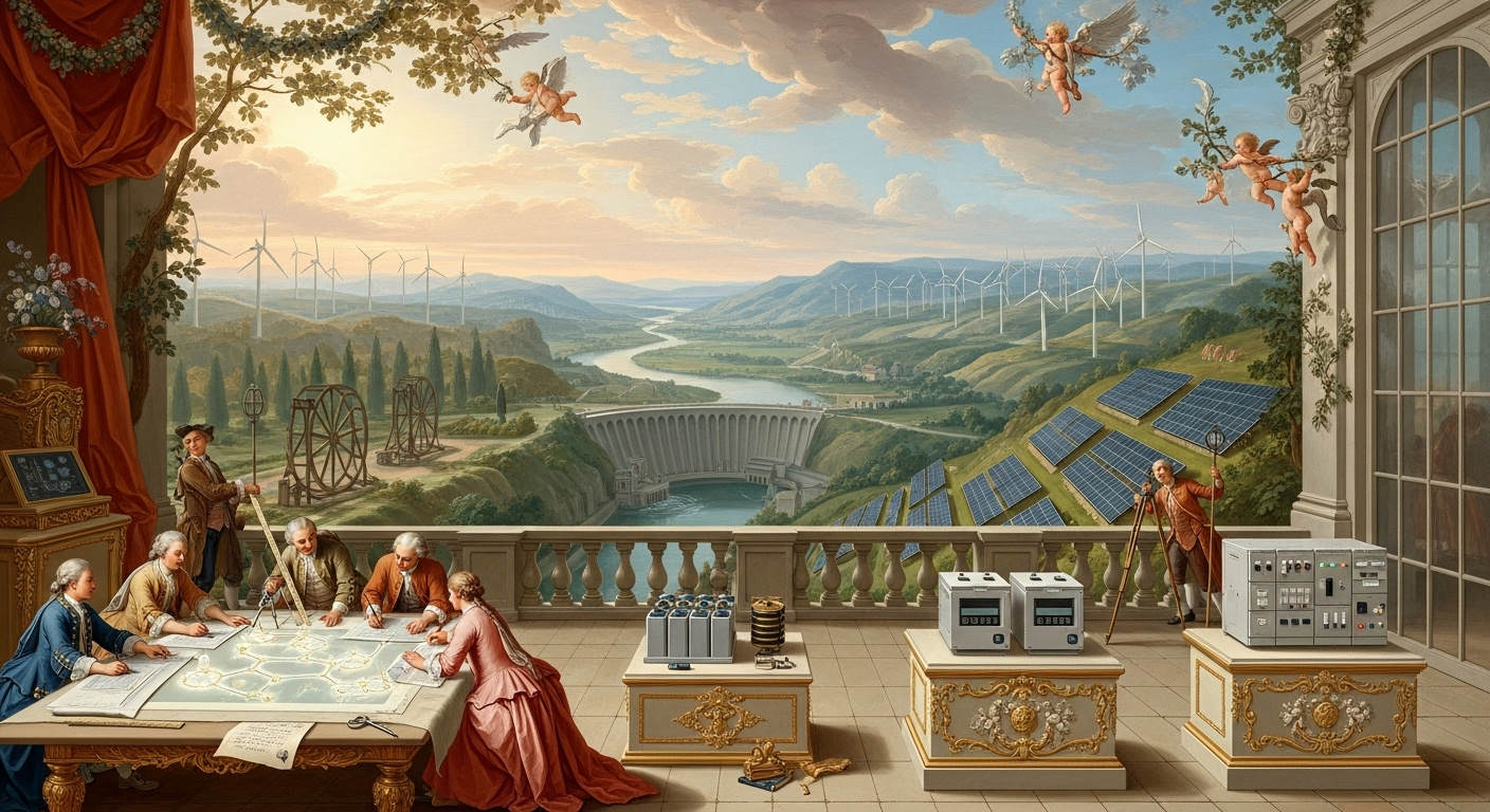 Klassisches Gemälde zeigt Planung moderner Energie mit Windrädern, Solarfeldern und Staudamm – Symbol für Nachhaltigkeit.