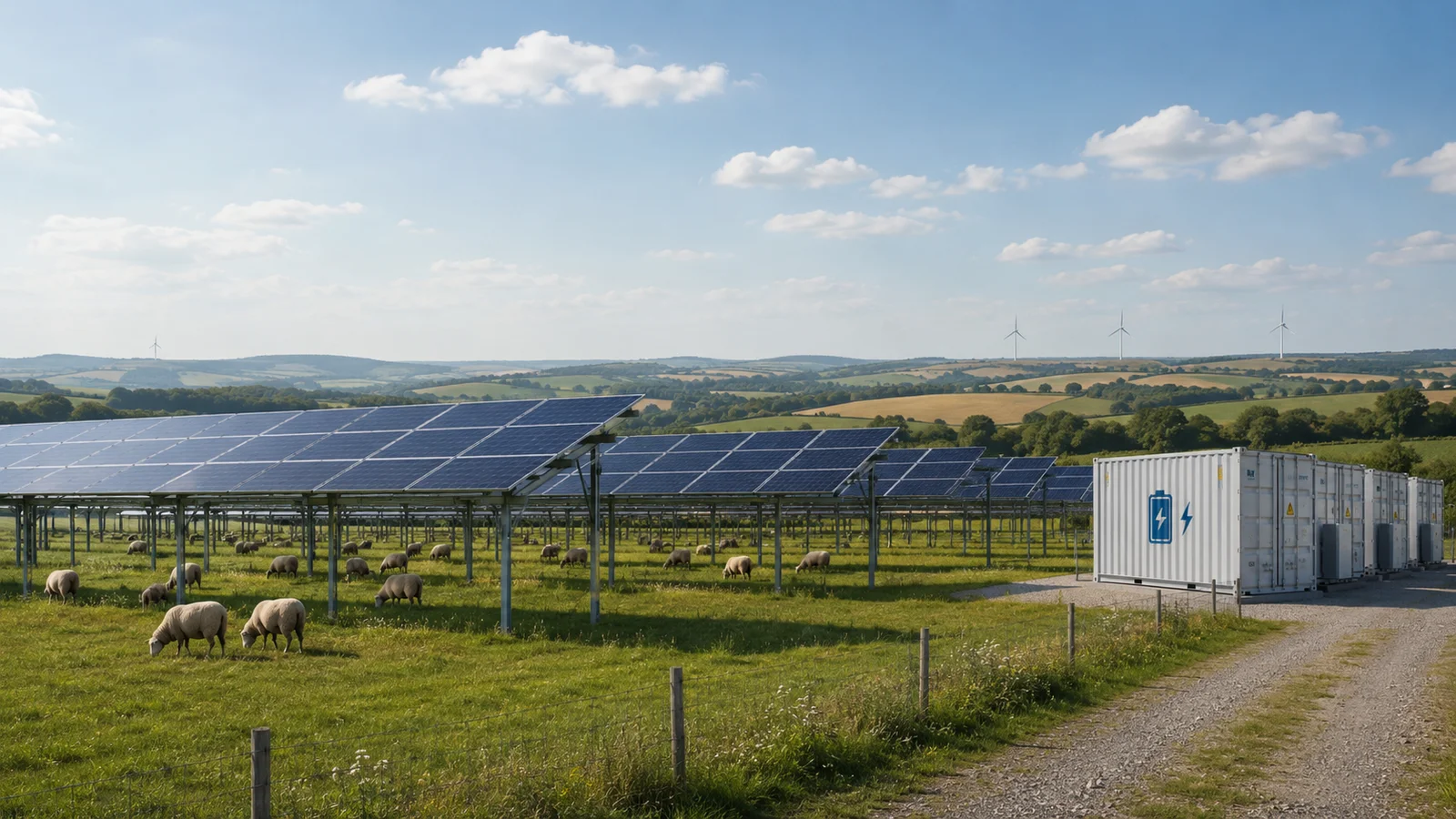Schafe weiden unter einer Agri-PV-Anlage. Energiespeicher stehen an der Wirtschaftszufahrt