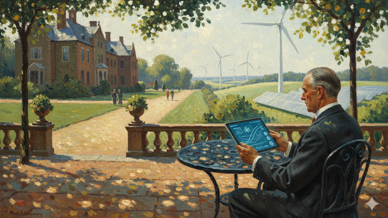 Älterer Herr sitzt auf einer Veranda und betrachtet wirtschaftliche Parameter einer Windkraftanlage auf einem Tablet